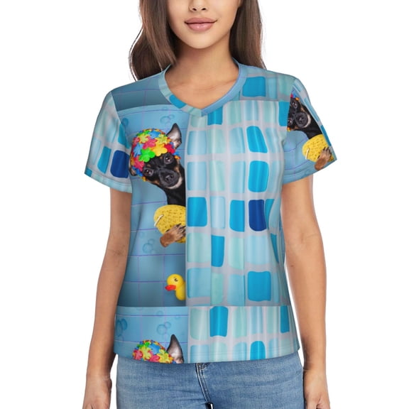 Yiaed Prague Ratter Dog in Bathtub Print Women's T Shirt V-Neck Short Sleeve Shirt Casual Breathable Tee Summer Tops-Medium