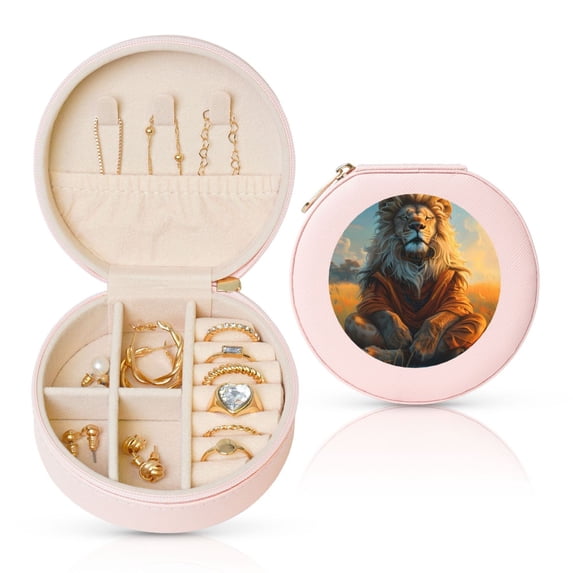Yiaed Prairie Meditating Lion Print Travel Jewelry Case Bridesmaid Gift Boxes Jewelry Travel Organizer Small Round Jewelry Box Mini Storage-Pink