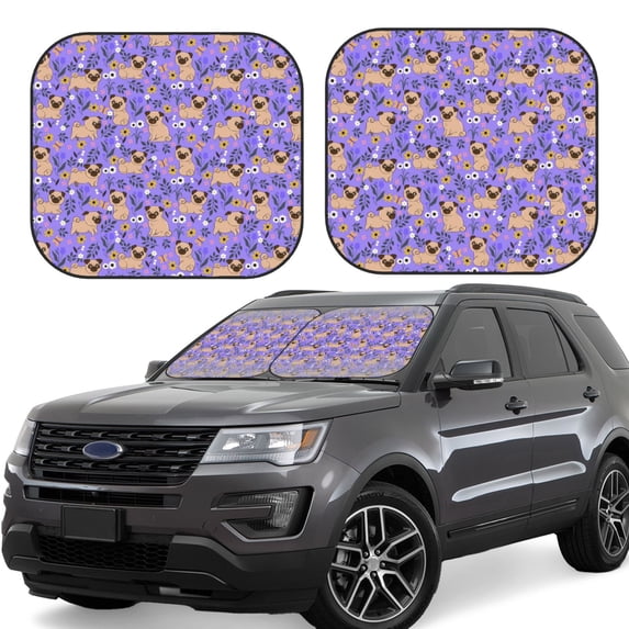 Yiaed Pugs and Flowers Print Car Front Windshield Sun Shade,Foldable Anti-UV Car Sunshade for Front Window for Most Vehicles-Small