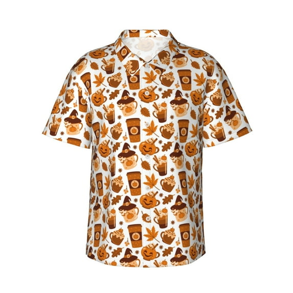 Yiaed Pumpkin Witch Hat Coffee Print Hawaiian Shirt for Men Short Sleeve Button Down Shirts Beach Shirts for Men,3X-Large