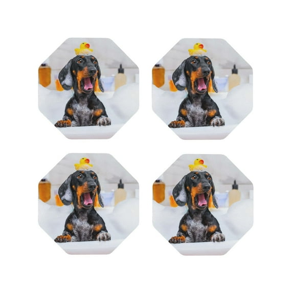 Yiaed Puppy Sits In Bathtub Print Leather Coasters for Drinks - Cup Coasters Coffee Table Kitchen Table Bar, Home & Office Gifts Handmade Drink Coasters-Octagon