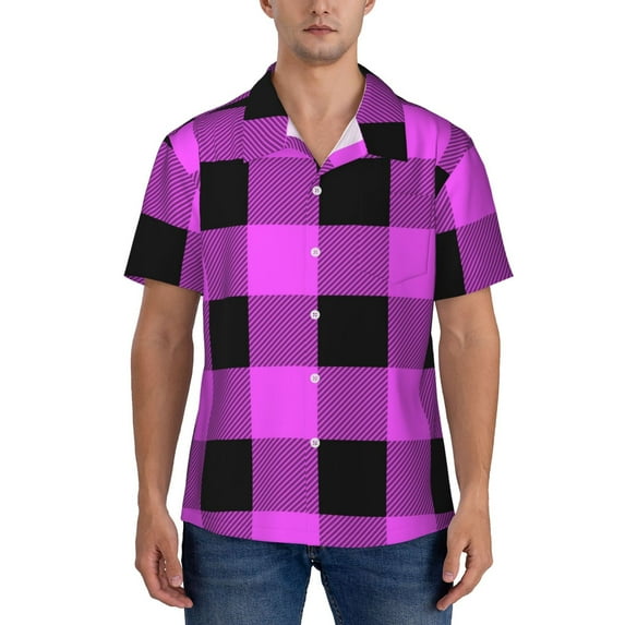 Yiaed Purple Black Buffalo Plaid Print Hawaiian Shirt for Men Short Sleeve Button Down Shirts Beach Shirts for Men-Small