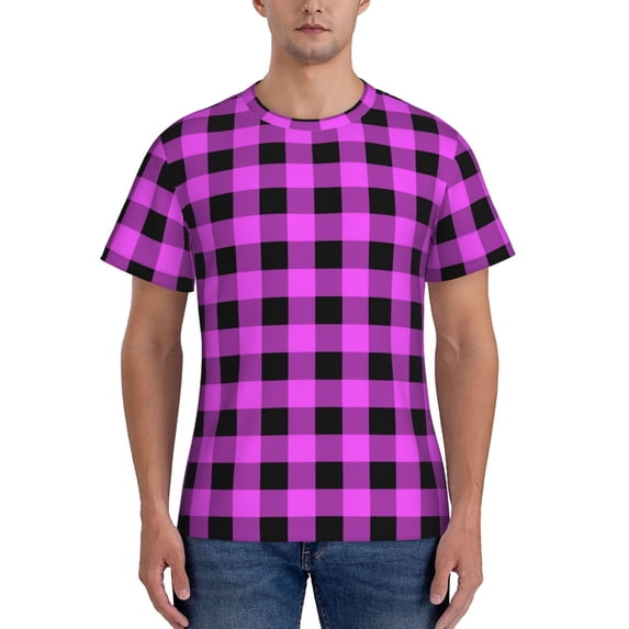 Yiaed Purple Black Buffalo Plaid Print Mens Short Sleeve Tight Fit T-Shirt, Crewneck Casual Tee-3X-Large