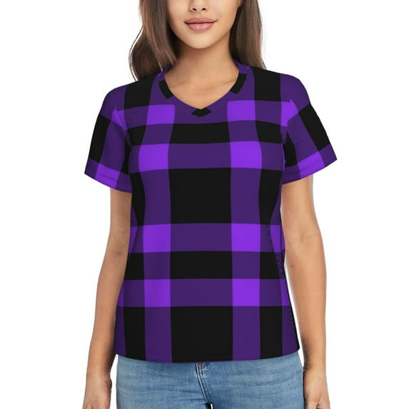 Yiaed Purple Buffalo Plaid Print Women's T Shirt V-Neck Short Sleeve Shirt Casual Breathable Tee Summer Tops-X-Large