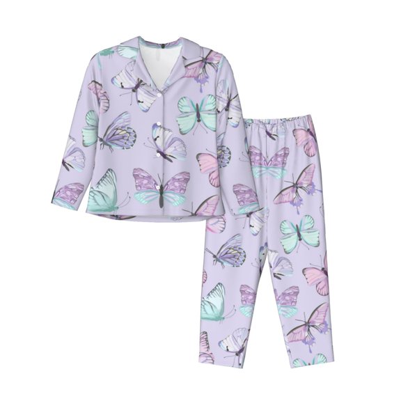 Yiaed Purple Butterfly Print Pajamas Women's Long Sleeve Sleepwear Soft Button Down Loungewear Pjs Lounge Set Nightwear Womens Pajama Pants-Medium