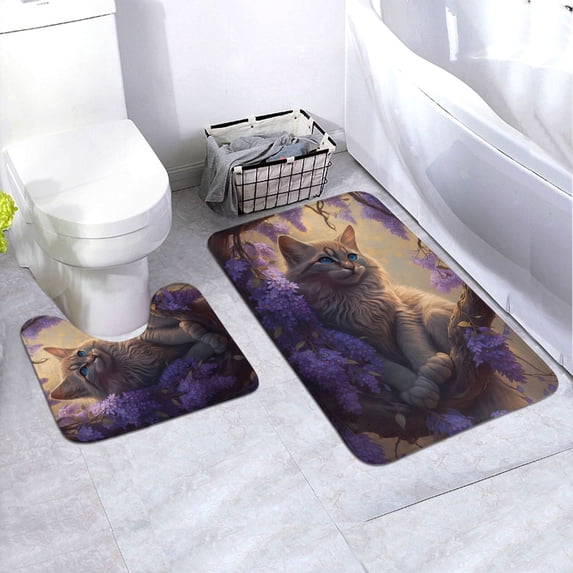 Yiaed Purple Flower Lazy Cat Print Bathroom Mat Set 2 Pieces Mat Anti-Skid Pad Ultra Soft and Absorbent Bathroom Bath Mat Contour Bath Rugs for Toilet Base