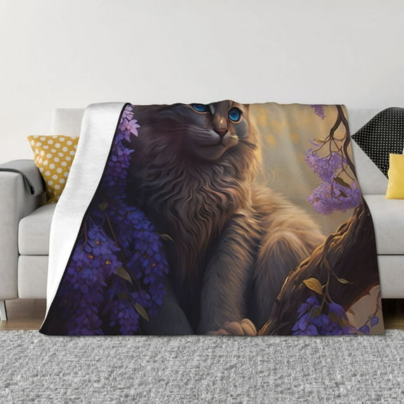 Yiaed Purple Flower Lazy Cat Print Blanket Throw Blanket Soft Cozy Flannel Blanket for Home Bed Sofa Couch Chair-40"x30"