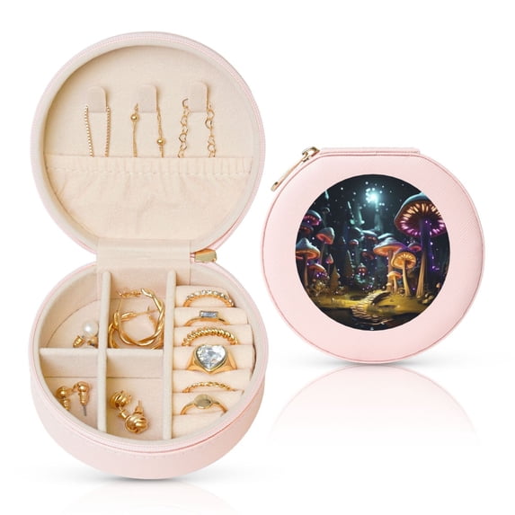 Yiaed Purple Glowing Mushroom Print Travel Jewelry Case Bridesmaid Gift Boxes Jewelry Travel Organizer Small Round Jewelry Box Mini Storage-Pink