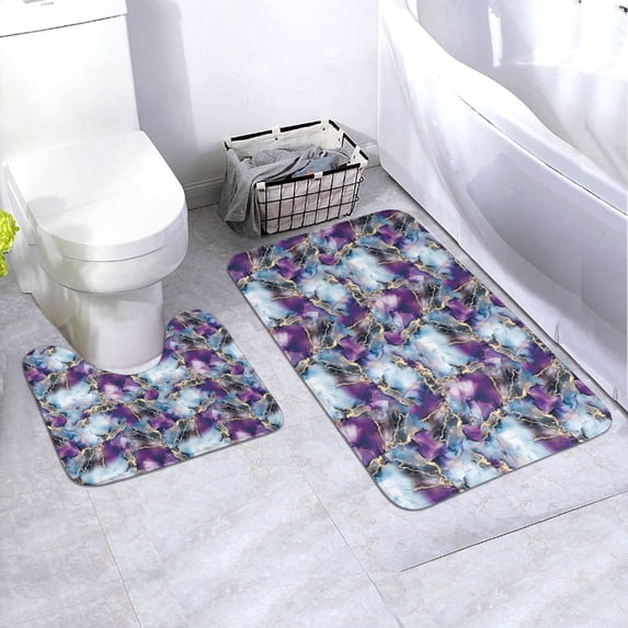 Yiaed Purple Marble Texture Print Bathroom Mat Set 2 Pieces Mat Anti-Skid Pad Ultra Soft and Absorbent Bathroom Bath Mat Contour Bath Rugs for Toilet Base