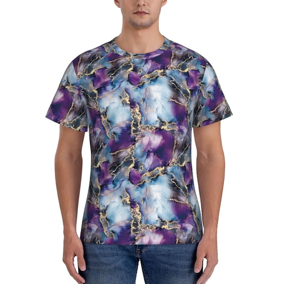 Yiaed Purple Marble Texture Print Mens Short Sleeve Tight Fit T-Shirt, Crewneck Casual Tee-Small