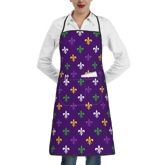 Yiaed Purple Mardi Gras Print Kitchen Apron with Hand Wipe Pockets,Big Pocket,Aprons for Women with Pockets, Waterproof for Cooking Baking