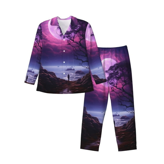 Yiaed Purple Moon Tree Night Sky Print Men’s Pajamas Set - Long Sleeve Button Down Sleep Shirt and Pajama Bottoms Sleepwear Set Mens Pjs Sets Men's Pajama Bottoms-Medium