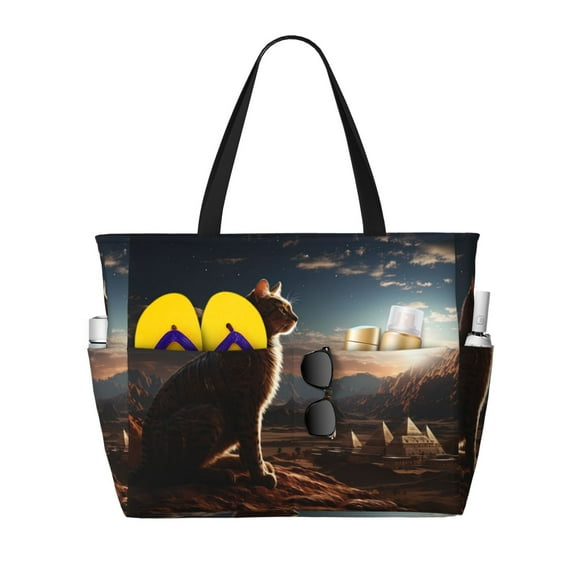 Yiaed Pyramid Desert Cat Print Large Capacity Beach Travel Bag - Waterproof Zipper Vacation Tote for Sandproof Storage, and Camping