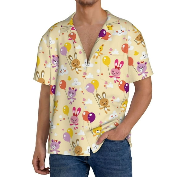 Yiaed Rabbit And Balloon Print Mens Casual Wrinkle Free Shirts Short Sleeve Button Down Summer Stretch Dress Shirt-X-Large