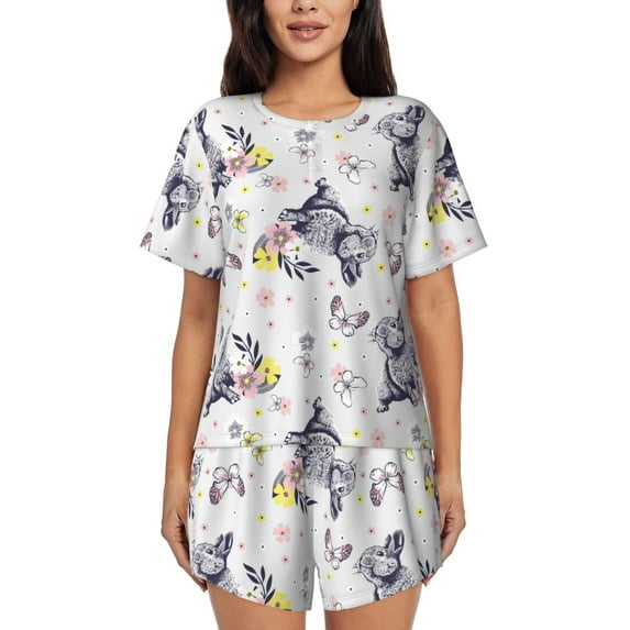 Yiaed Rabbit And Butterfly Print Short Sleeve Pajama Sets for Women Casual Crew Neck 2 Piece Lounge Sets Women's Short-Sleeved Pajama-Small