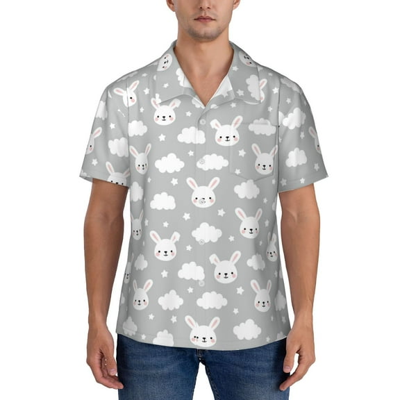 Yiaed Rabbit And Cloud Print Hawaiian Shirt for Men Short Sleeve Button Down Shirts Beach Shirts for Men-X-Large