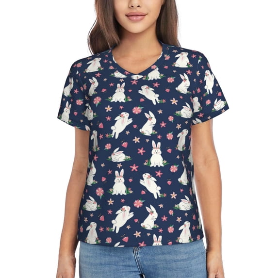 Yiaed Rabbit And Flower Print Women's T Shirt V-Neck Short Sleeve Shirt Casual Breathable Tee Summer Tops-Large