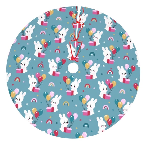 Yiaed Rabbit And Rainbow Print Christmas Tree Skirt , Tree SkirtsTree Mat for Christmas Winter Holiday Indoor Decorations-30"