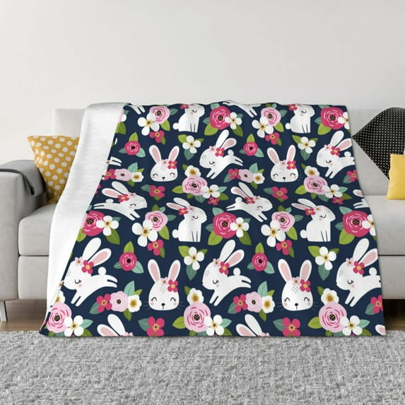 Yiaed Rabbit And Rose Print Blanket Throw Blanket Soft Cozy Flannel Blanket for Home Bed Sofa Couch Chair-40"x30"