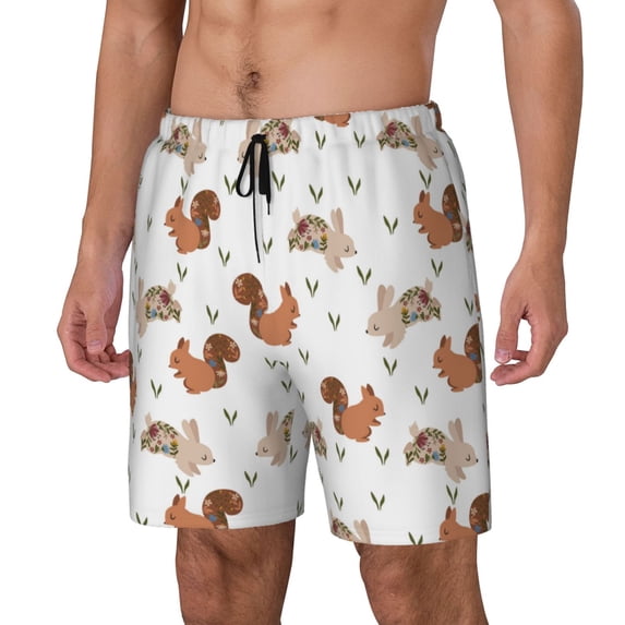 Yiaed Rabbit And Squirrel Print Mens Swim Trunks Bathing Suit Compression Liner Beach Swim Shorts Swimwear Quick Dry Zipper Pocket No-Chafing Board Short-XX-Large