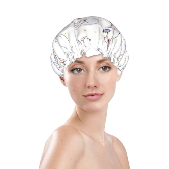 Yiaed Rabbit Eating Print Reusable Shower Cap & Bath Cap & Lined, Oversized Waterproof Shower Caps Designed for all Hair Lengths
