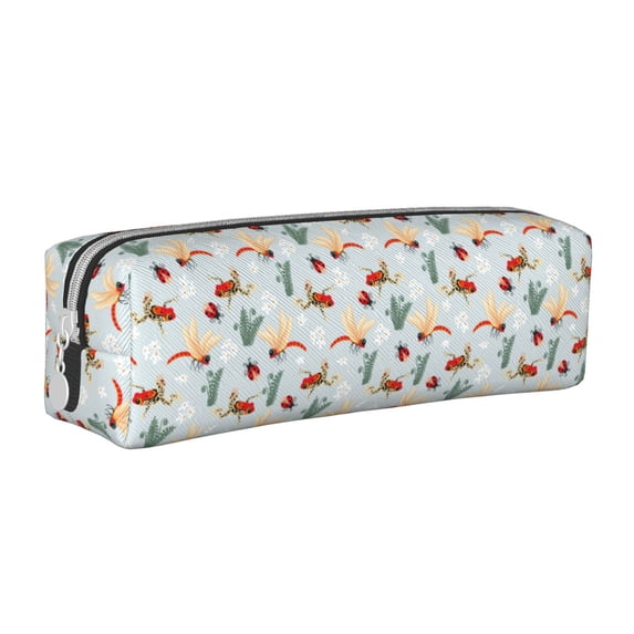Yiaed Ragonfly And Ladybug Print Leather Pencil Case - Leather Pen Pencil Holder - Elegant & Practical Pencil Pouch for Work & Office