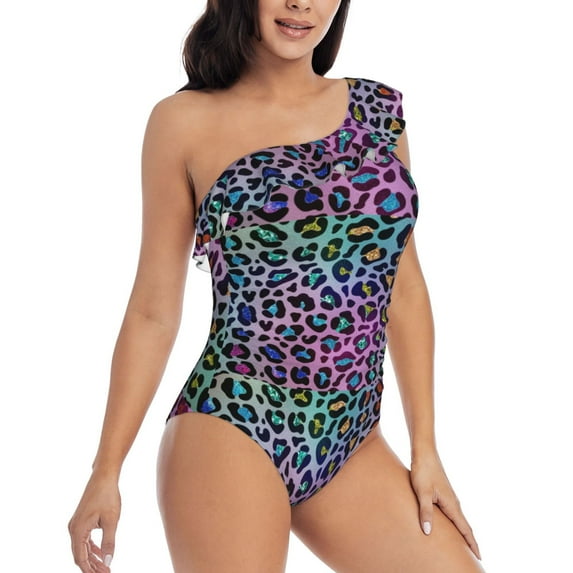 Yiaed Rainbow Animal Skin Print Women One Piece Swimsuits Tummy Control One Shoulder Bathing Suits Pattern Ruffle Swimwear-Large