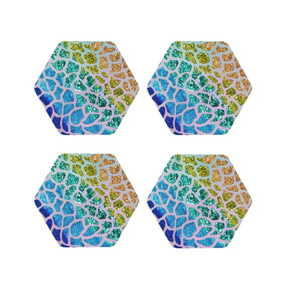Yiaed Rainbow Glitter Print Leather Coasters for Drinks - Cup Coasters Coffee Table Kitchen Table Bar, Home & Office Gifts Handmade Drink Coasters-Hexagon