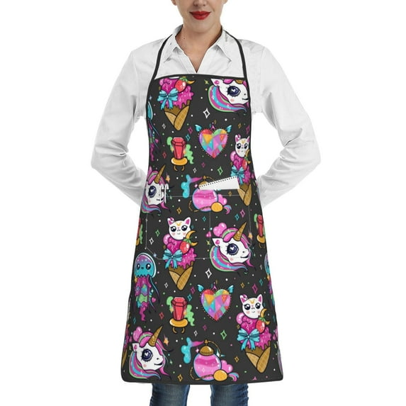 Yiaed Rainbow Unicorn And Cat Icecream Print Kitchen Apron with Hand Wipe Pockets,Big Pocket,Aprons for Women with Pockets, Waterproof for Cooking Baking
