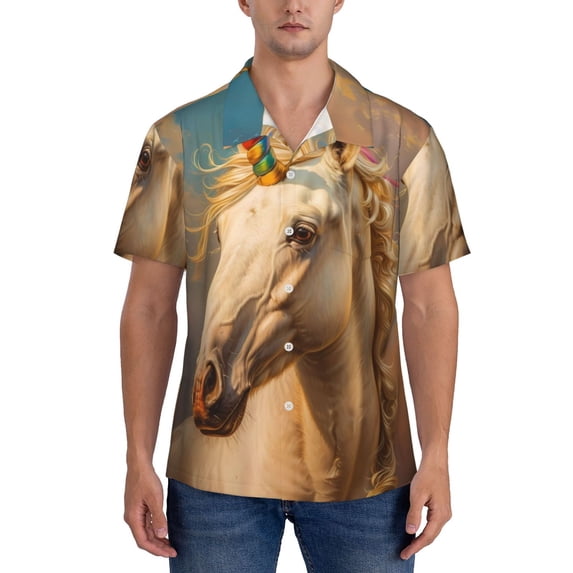 Yiaed Rainbow White Horse Print Hawaiian Shirt for Men Short Sleeve Button Down Shirts Beach Shirts for Men-X-Large