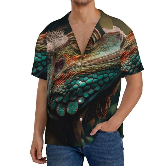 Yiaed Realistic Colorful Chameleon Print Mens Casual Wrinkle Free Shirts Short Sleeve Button Down Summer Stretch Dress Shirt-4X-Large