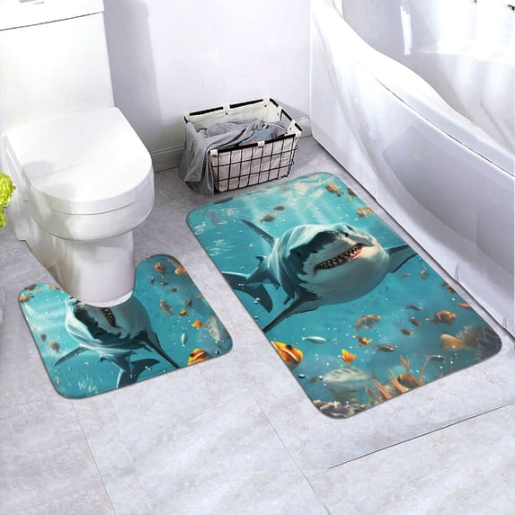 Yiaed Realistic Ocean Shark Print Bathroom Mat Set 2 Pieces Mat Anti-Skid Pad Ultra Soft and Absorbent Bathroom Bath Mat Contour Bath Rugs for Toilet Base