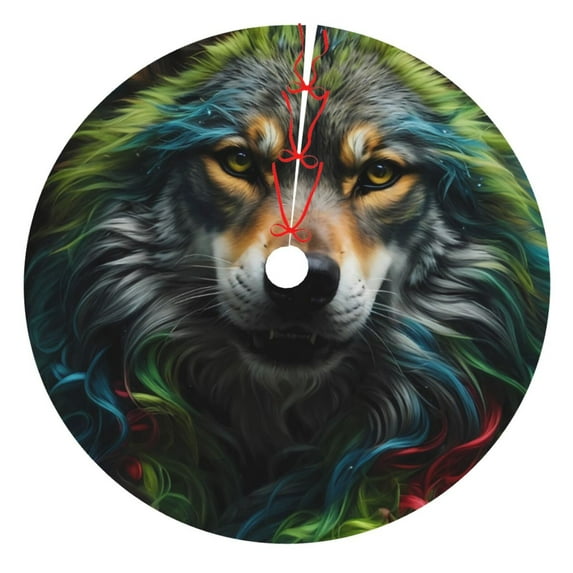 Yiaed Realistic Style Colorful Wolf Print Christmas Tree Skirt , Tree SkirtsTree Mat for Christmas Winter Holiday Indoor Decorations-36"