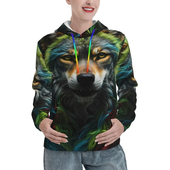 Yiaed Realistic Style Colorful Wolf Print Womens Casual Hoodies Crew Neck Long Sleeve Sweatshirts With Pocket Pullover Tops Women's Hooded Sweatshirt-Medium