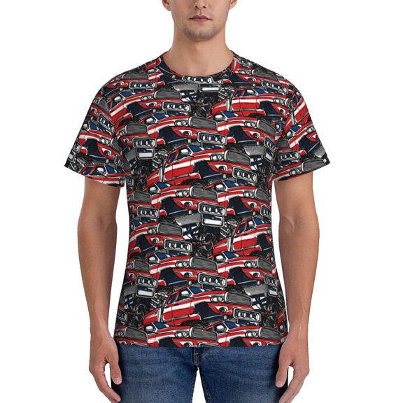 Yiaed Red And Blue Cars Print Mens Short Sleeve Tight Fit T-Shirt, Crewneck Casual Tee-X-Large