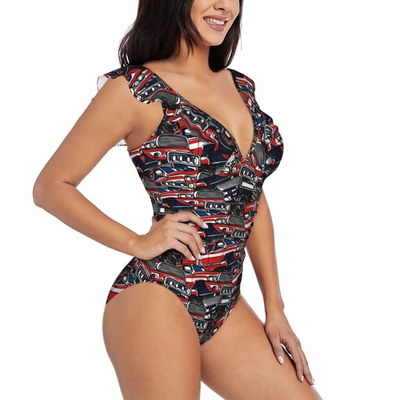 Yiaed Red And Blue Cars Print Women's Ruffled One Piece Swimsuit V Neck Swimwear Slimming Monokini for Woman-Medium