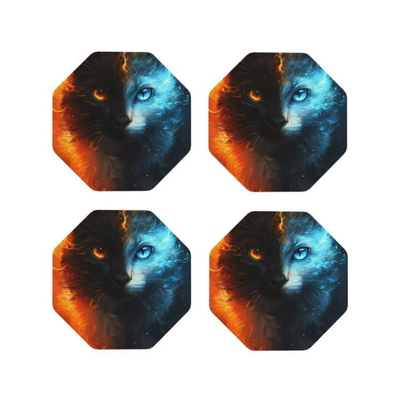 Yiaed Red And Blue Fire Cat Print Leather Coasters for Drinks - Cup Coasters Coffee Table Kitchen Table Bar, Home & Office Gifts Handmade Drink Coasters-Octagon