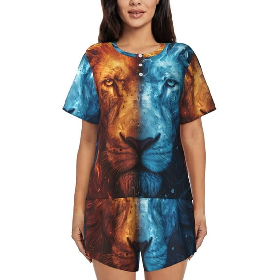 Yiaed Red And Blue Fire Lion Print Short Sleeve Pajama Sets for Women Casual Crew Neck 2 Piece Lounge Sets Women's Short-Sleeved Pajama-Medium