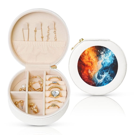 Yiaed Red And Blue Waves Print Travel Jewelry Case Bridesmaid Gift Boxes Jewelry Travel Organizer Small Round Jewelry Box Mini Storage-White