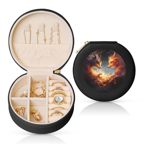 Yiaed Red And Gray Flame Fox Print Travel Jewelry Case Bridesmaid Gift Boxes Jewelry Travel Organizer Small Round Jewelry Box Mini Storage-Black