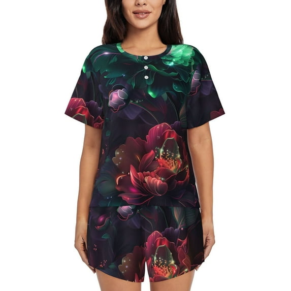 Yiaed Red And Green Carnation Print Short Sleeve Pajama Sets for Women Casual Crew Neck 2 Piece Lounge Sets Women's Short-Sleeved Pajama-4X-Large
