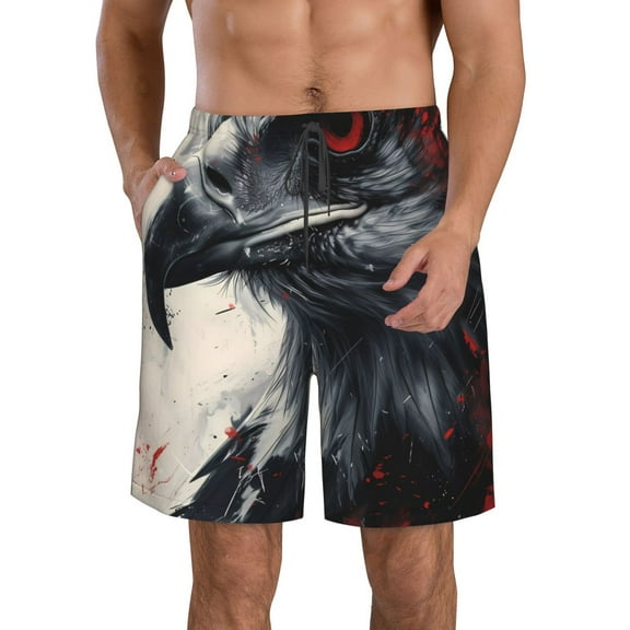 Yiaed Red Black Ink Style Bald Eagle Print Men's Swim Trunks with Lining Quick Dry Sports Shorts Beach Shorts Boardshorts-Medium