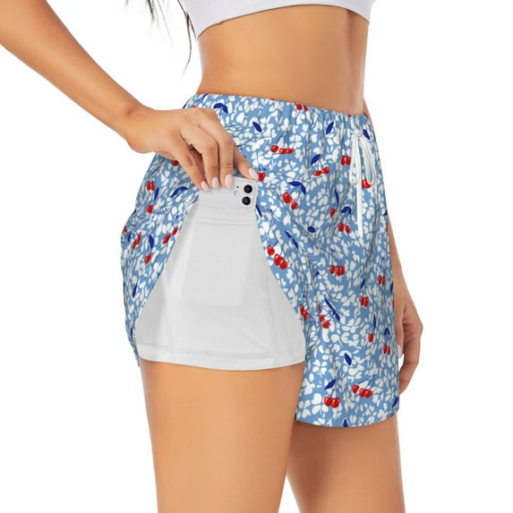 Yiaed Red Cherries Print Women's Running Shorts with Liner 3 Zipper Pockets Elastic Workout Athletic Gym Yoga Shorts-X-Large