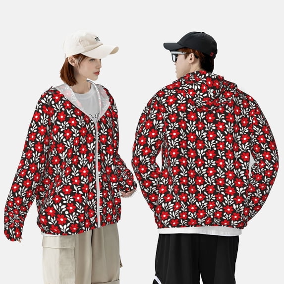 Yiaed Red Floral Print Sun Shirts UPF 50+ Protection Hoodie Rash Guard Shirt UV Shirt Long Sleeve Fishing Outdoor Lightweightase-Medium