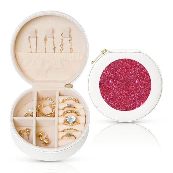 Yiaed Red Glitter Print Travel Jewelry Case Bridesmaid Gift Boxes Jewelry Travel Organizer Small Round Jewelry Box Mini Storage-White