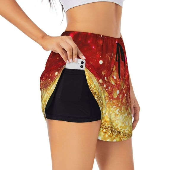 Yiaed Red Gold Glitter Print Women's Running Shorts with Liner 3 Zipper Pockets Elastic Workout Athletic Gym Yoga Shorts-Small
