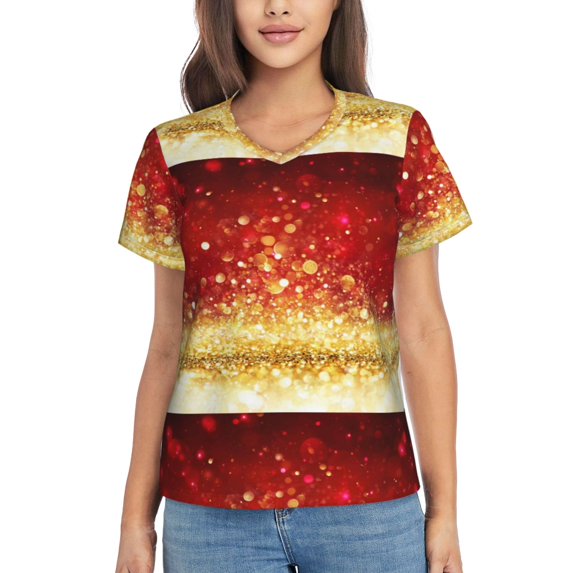 Yiaed Red Gold Glitter Print Women's T Shirt V-Neck Short Sleeve Shirt Casual Breathable Tee Summer Tops-XX-Large