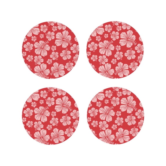 Yiaed Red Hibiscus Flower Print Leather Coasters for Drinks - Cup Coasters Coffee Table Kitchen Table Bar, Home & Office Gifts Handmade Drink Coasters-Round Shape