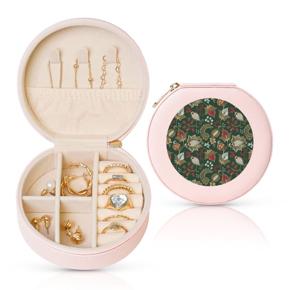 Yiaed Red Leaves Print Travel Jewelry Case Bridesmaid Gift Boxes Jewelry Travel Organizer Small Round Jewelry Box Mini Storage-Pink