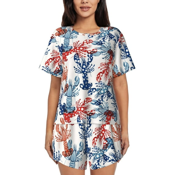 Yiaed Red Lobster Print Short Sleeve Pajama Sets for Women Casual Crew Neck 2 Piece Lounge Sets Women's Short-Sleeved Pajama-3X-Large